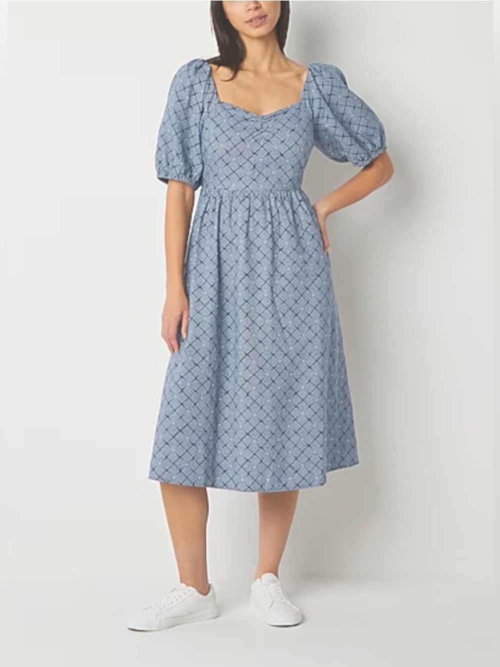 NWT a.n.a. Linen Blend Midi Floral A-Line Dress in Global Geo Blue, size L